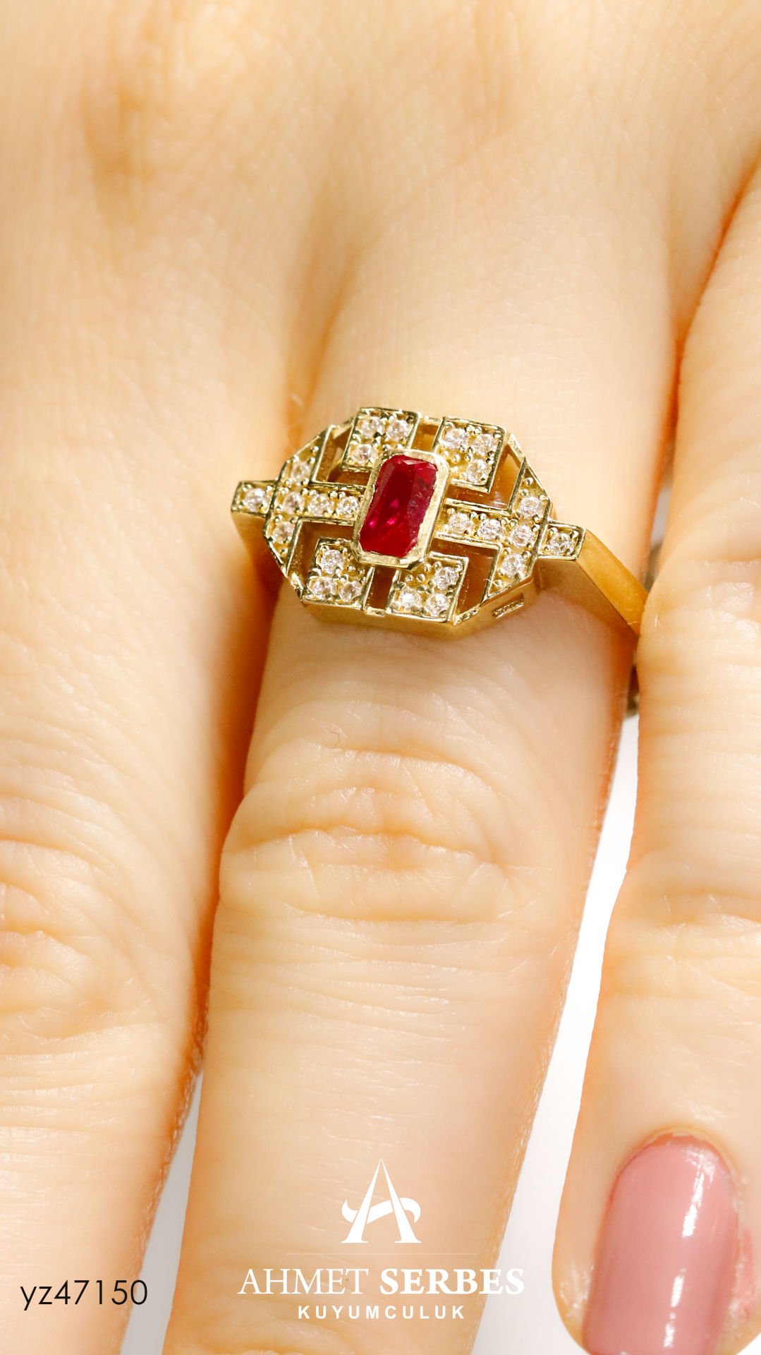 Pembe Taşlı Sekizgen Yüzük