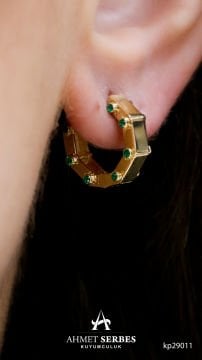 Sekizgen Yeşil Taşlı Halka Küpe