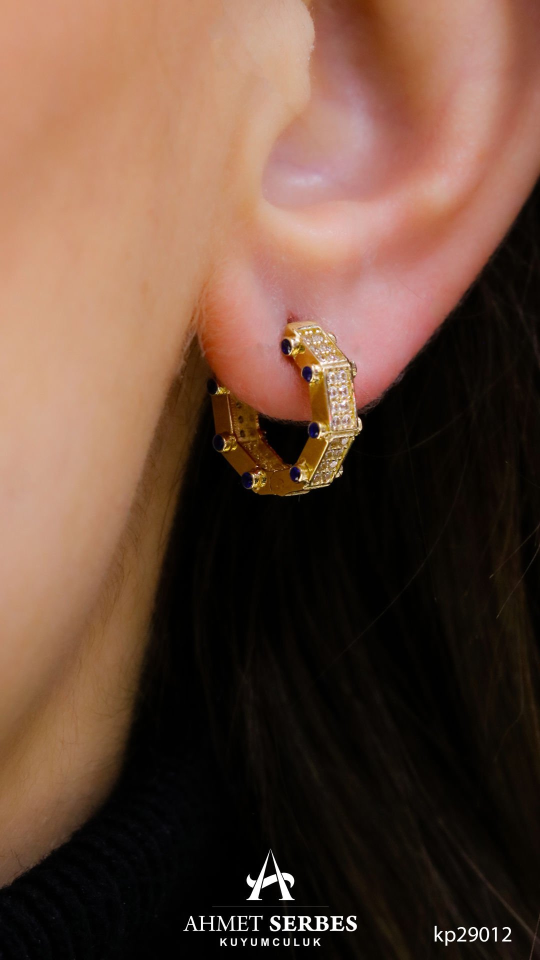 Taşlı Sekizgen Altın Küpe