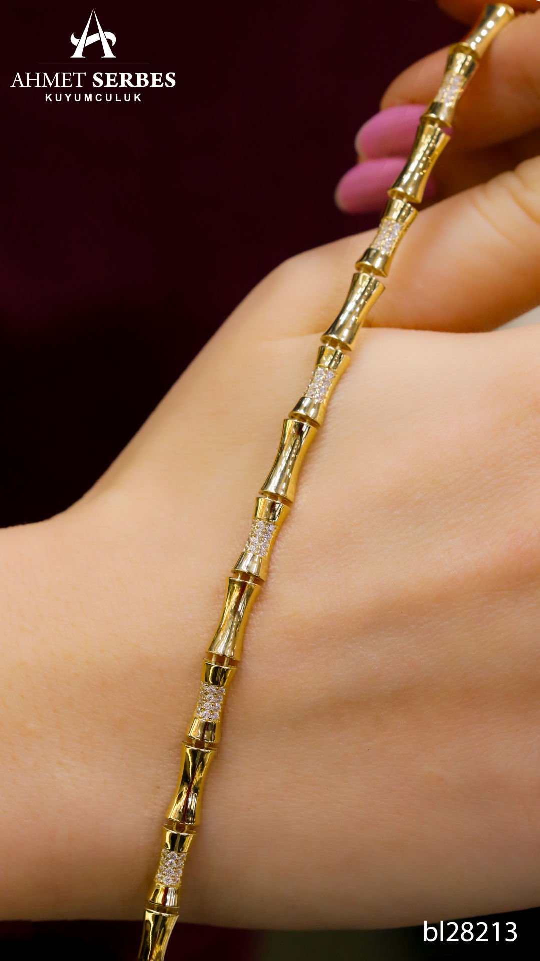 Taşlı Kemik Altın Bileklik